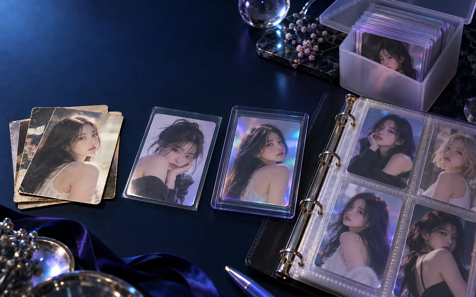 여러 시대의 포토카드와 슬리브, 바인더를 배치한 포카 매거진 대표 이미지